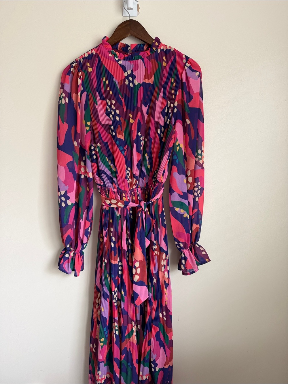 Flying Tomato Colorful Pink and Purple Abstract Floral Pleated Maxi Dress